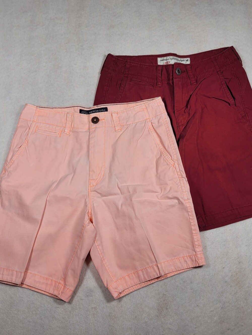 2 x American Eagle Chino Casual Shorts Prep Fit 8" Inseam Pink Burgandy Sz 28